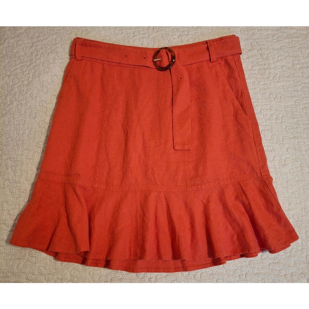 LOFT Women 6 Skirt Coral Linen Blend Belted Flounce Hem Mini A-Line NWT